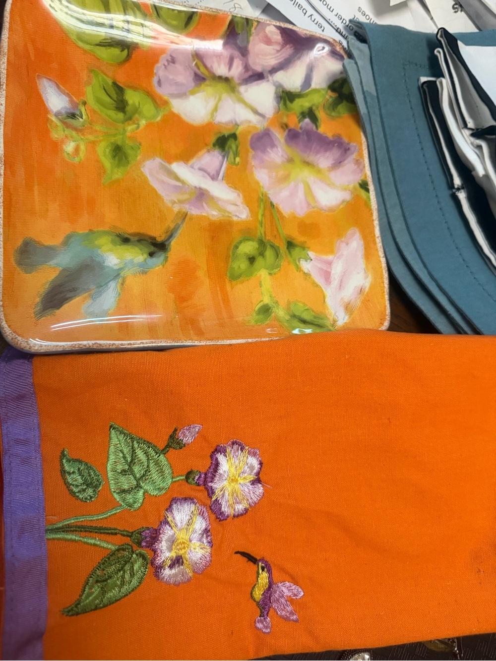Orange Floral Decorative Linen with Embroidered Hummingbird -
